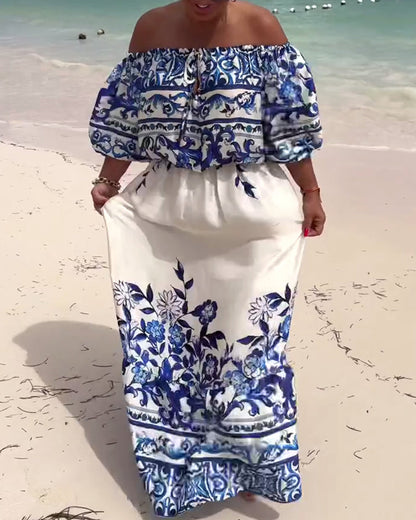 Off-Shoulder Gedrucktes Resort Kleid