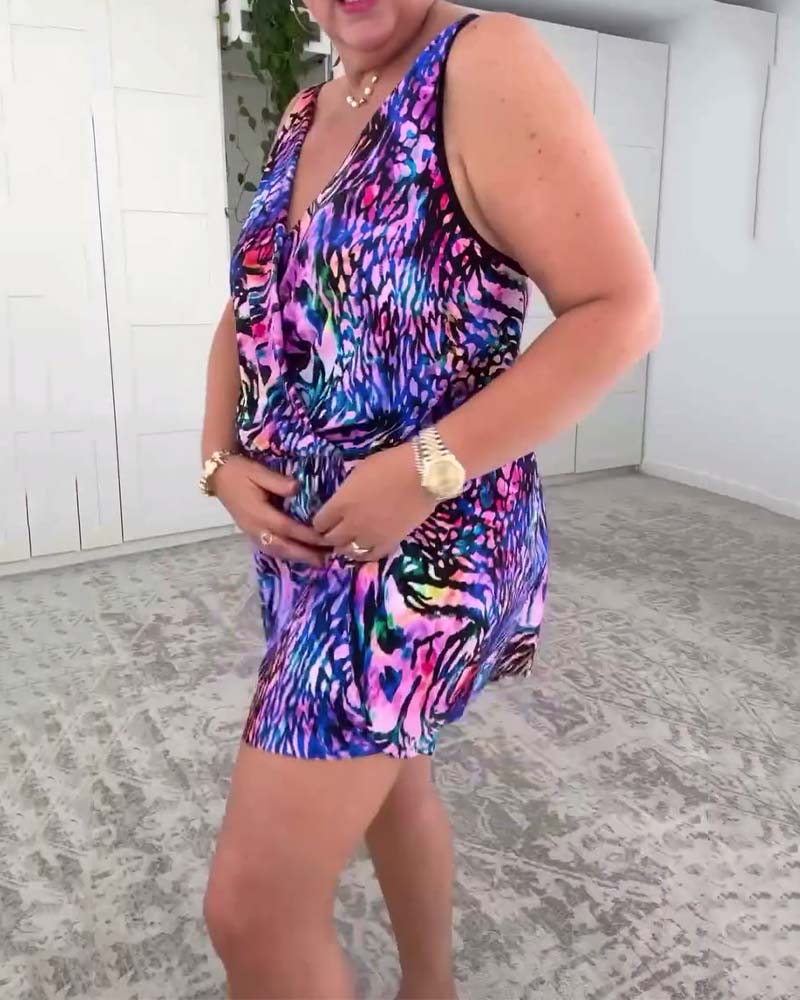 V-Ausschnitt Bunter Print Einteiler Badeanzug