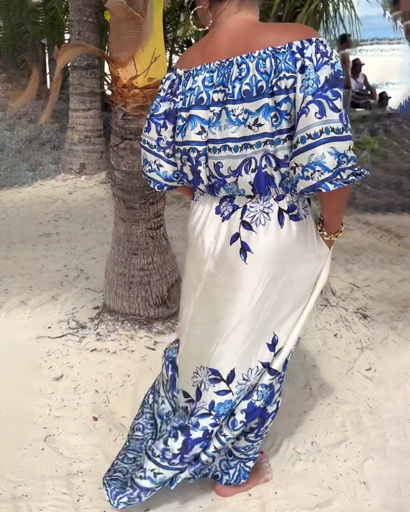 Off-Shoulder Gedrucktes Resort Kleid