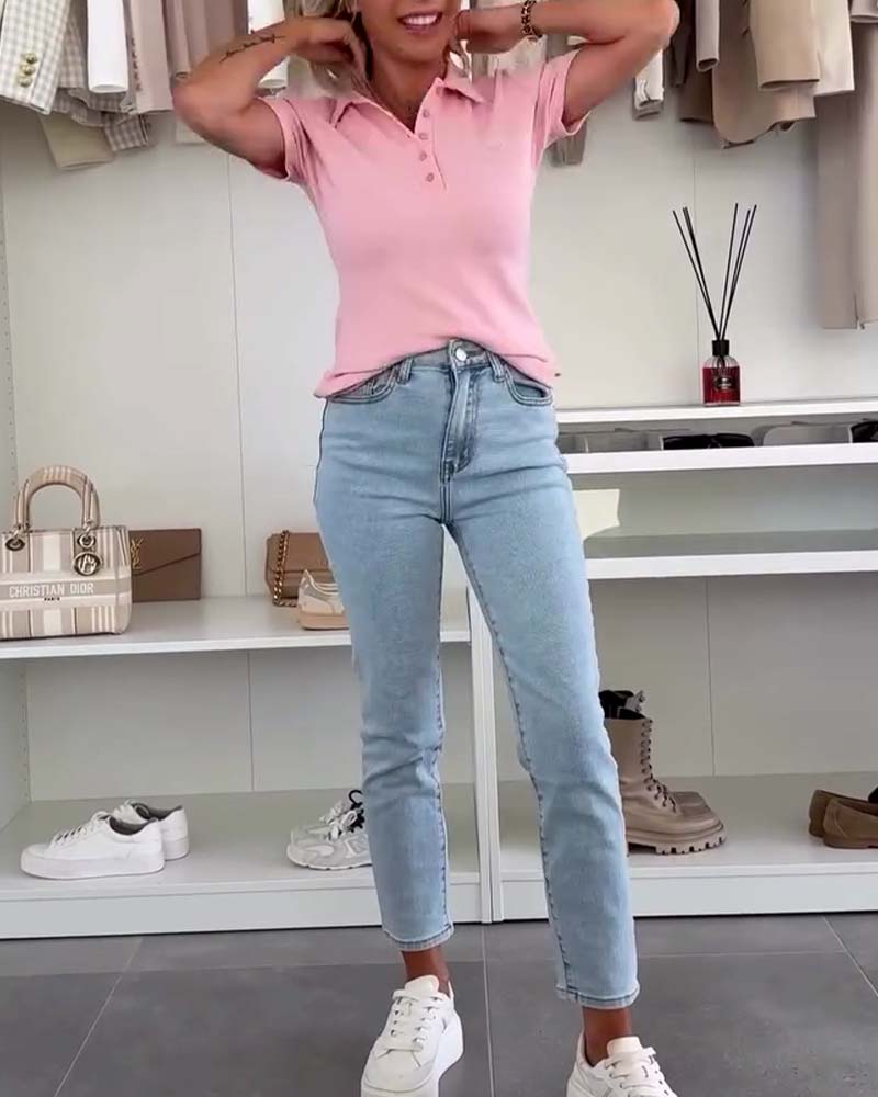 Lapel Polo Shirt Einfarbig Slim Fit T-Shirt