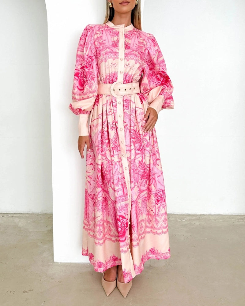 Laternenärmel Knopf Druck Kleid