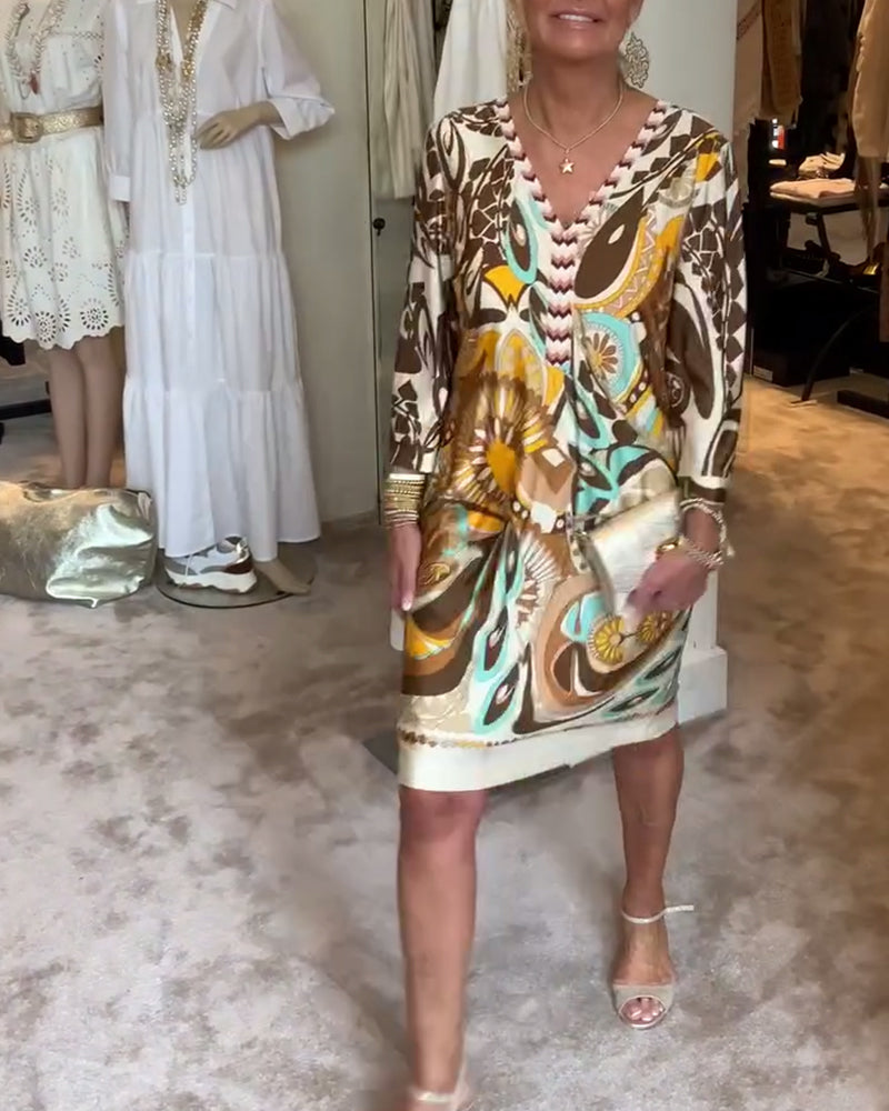 Retro-Druck V-Ausschnitt Freizeitkleid