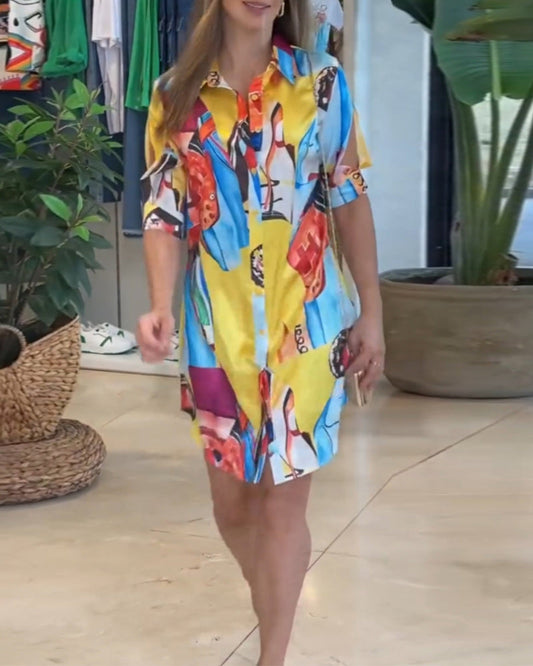 Lapel bunt bedrucktes Freizeitkleid