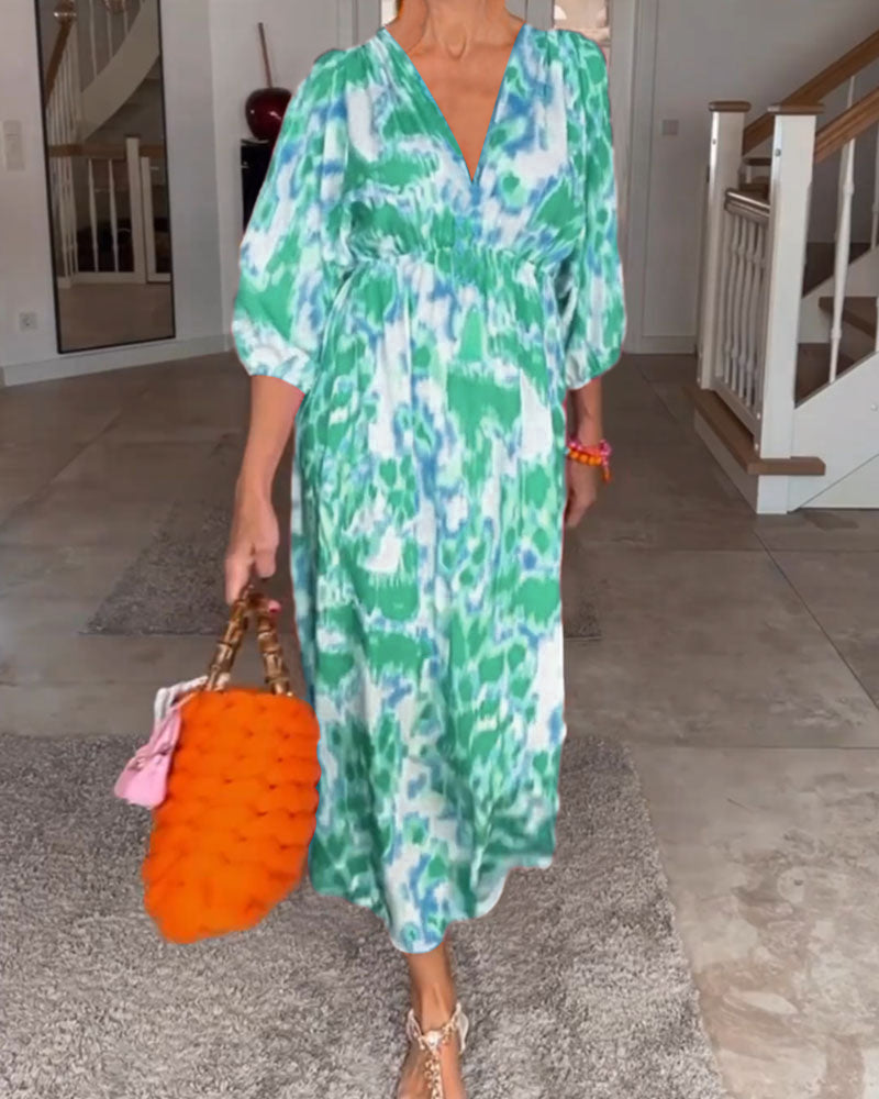 Mode Druck V-Ausschnitt 3/4 Ärmel Kleid