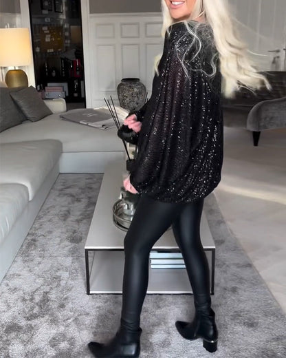 Ballonärmel Rundhals Pailletten-Top