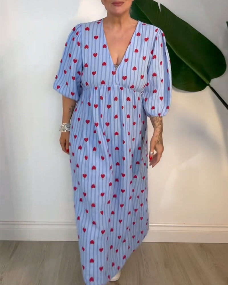 Elegantes V-Ausschnitt Herz Druck Kleid