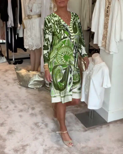 Retro-Druck V-Ausschnitt Freizeitkleid