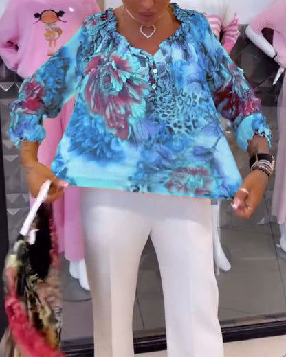 V-Ausschnitt Blumenmuster Bluse