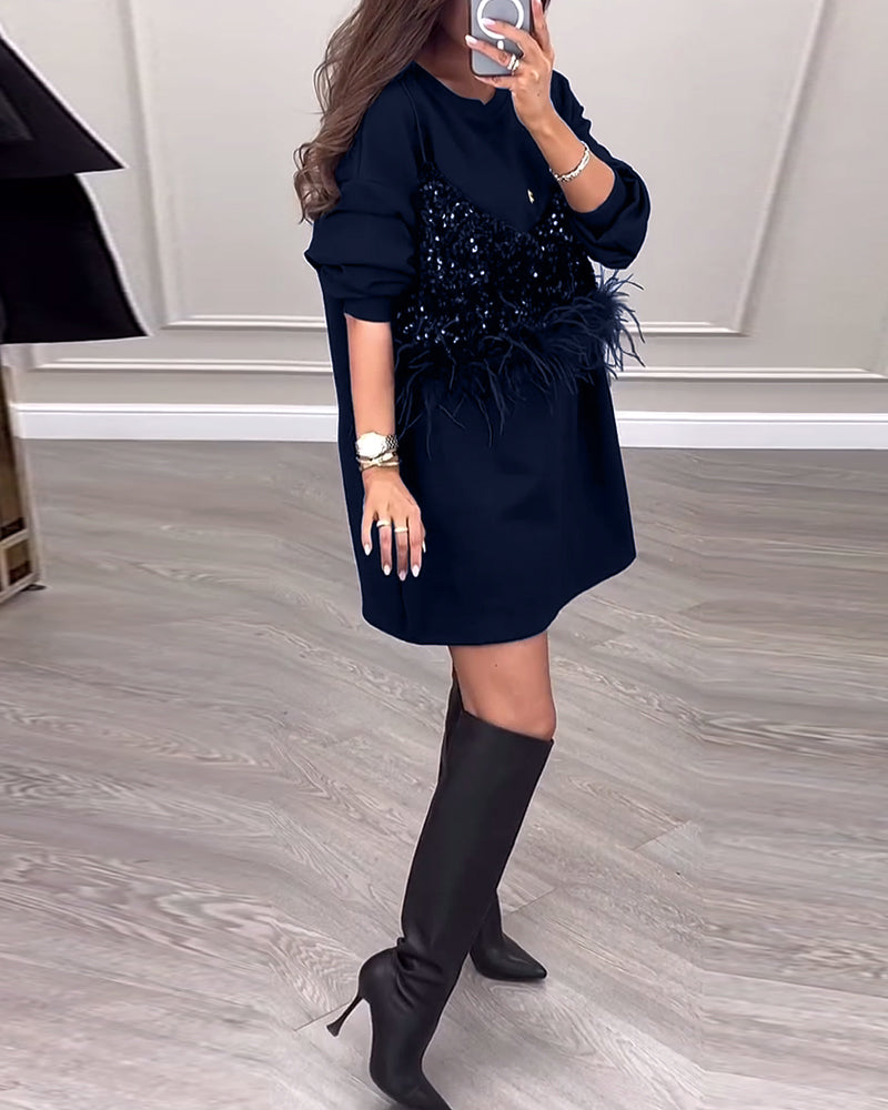 Mode einfarbig Pailletten Feder Patchwork Kleid