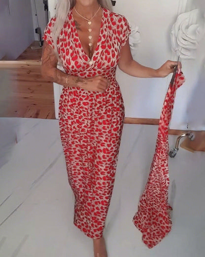 Elegantes Leopard-Print V-Ausschnitt Kleid