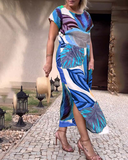 Blätterdruck Kurzarm Schlitzkleid