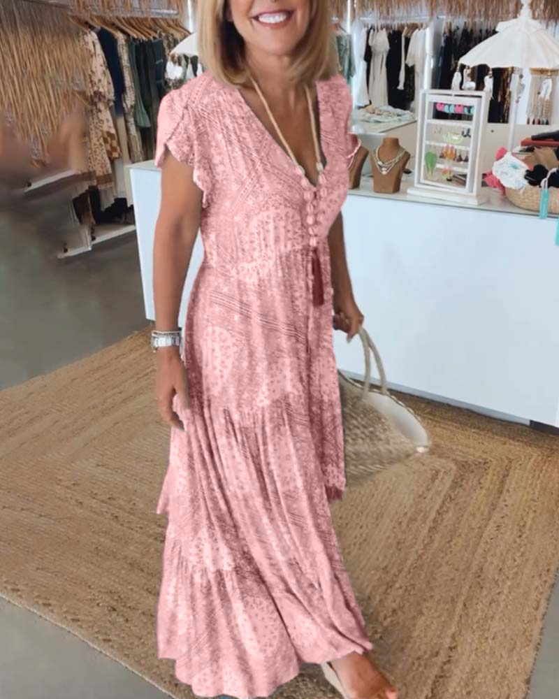 Urlaubsdruck V-Ausschnitt Kleid mit Schlitzärmeln