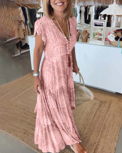 Urlaubsdruck V-Ausschnitt Kleid mit Schlitzärmeln