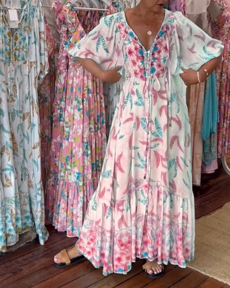 Damen Maxikleid mit V-Ausschnitt und Blattdruck