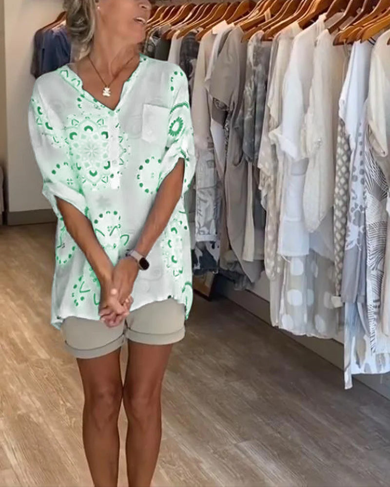 Vielseitige V-Ausschnitt Bedruckte Bluse mit Halben Ärmeln