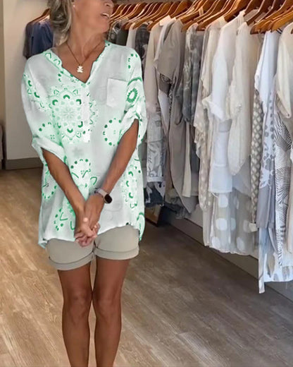 Vielseitige V-Ausschnitt Bedruckte Bluse mit Halben Ärmeln