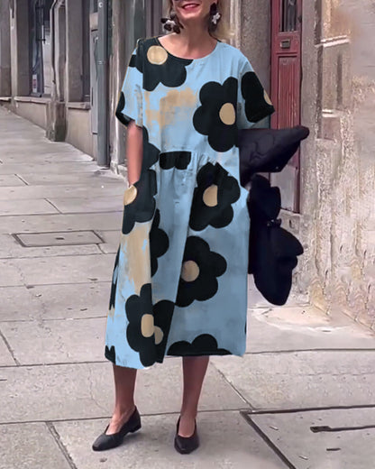Blumenmuster Crew-Neck Taschen lockeres Kleid