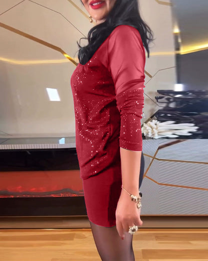 Sexy V-Ausschnitt Mesh und einfarbiger Pailletten-Top