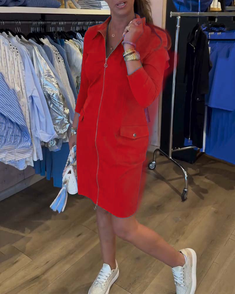 Revers Einfarbiger Reißverschluss Langarmkleid