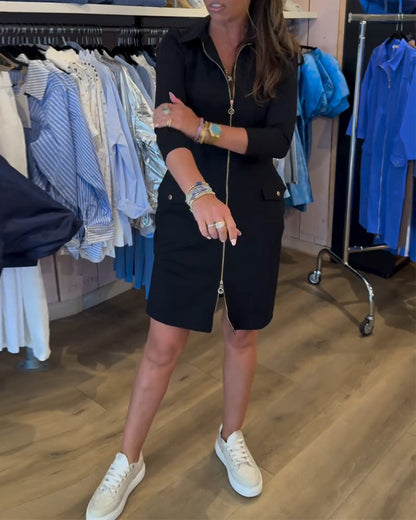 Revers Einfarbiger Reißverschluss Langarmkleid