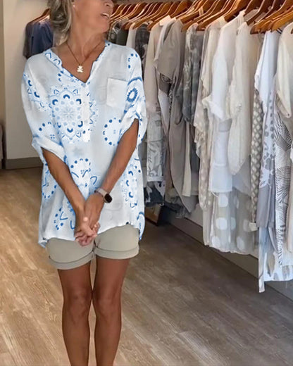 Vielseitige V-Ausschnitt Bedruckte Bluse mit Halben Ärmeln