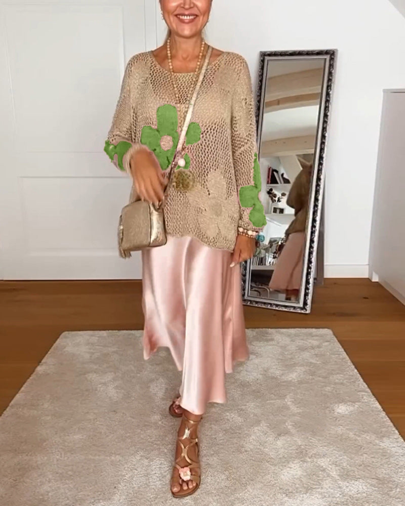 Lässiger floral runder Hals langärmeliger Pullover mit Ausschnitten