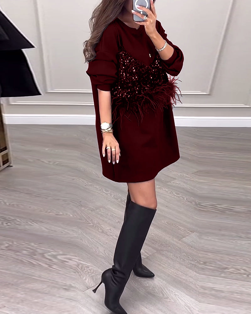 Mode einfarbig Pailletten Feder Patchwork Kleid