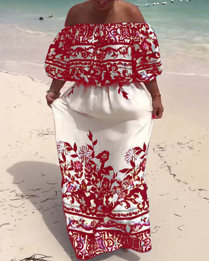 Off-Shoulder Gedrucktes Resort Kleid