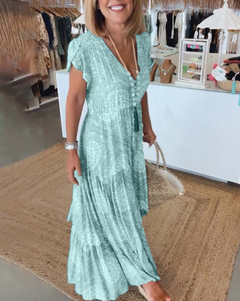 Urlaubsdruck V-Ausschnitt Kleid mit Schlitzärmeln