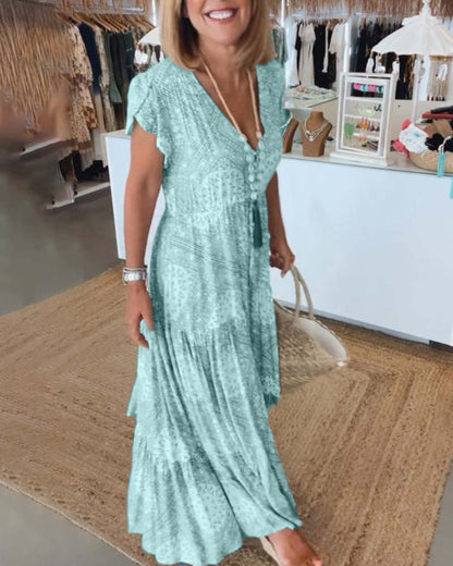 Urlaubsdruck V-Ausschnitt Kleid mit Schlitzärmeln