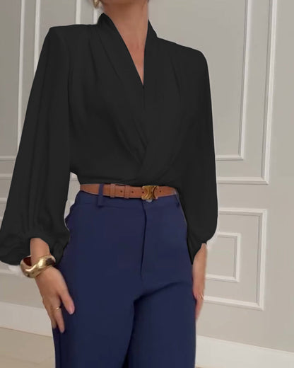 Mode unifarbene V-Ausschnitt Laternenärmel Bluse