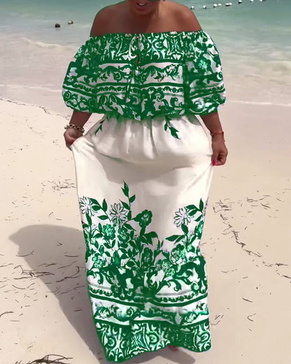 Off-Shoulder Gedrucktes Resort Kleid