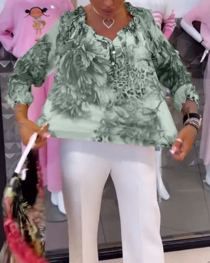 V-Ausschnitt Blumenmuster Bluse