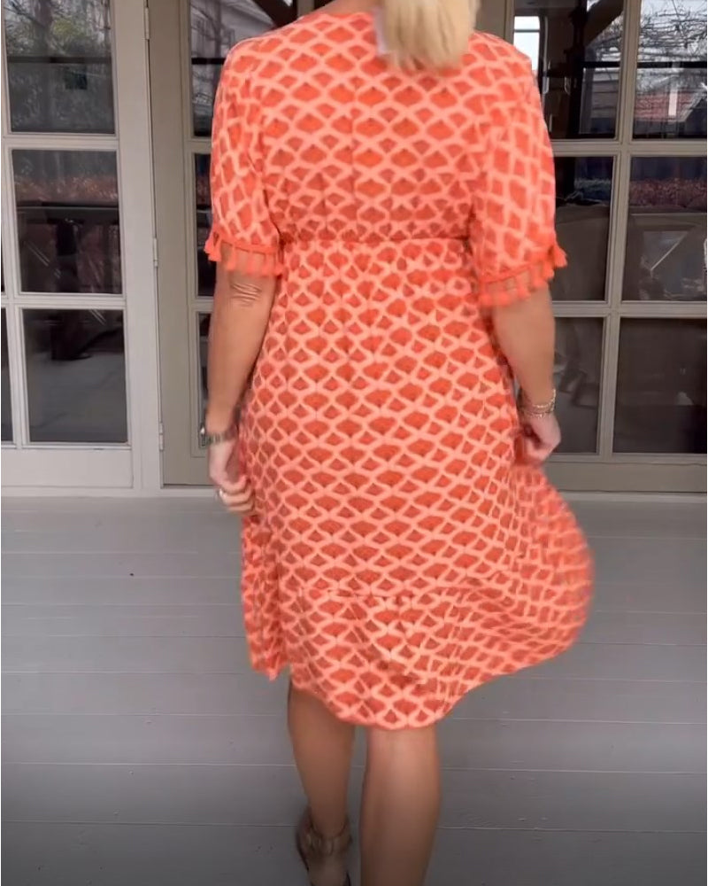 Bedrucktes V-Ausschnitt-Fransen-Kleid