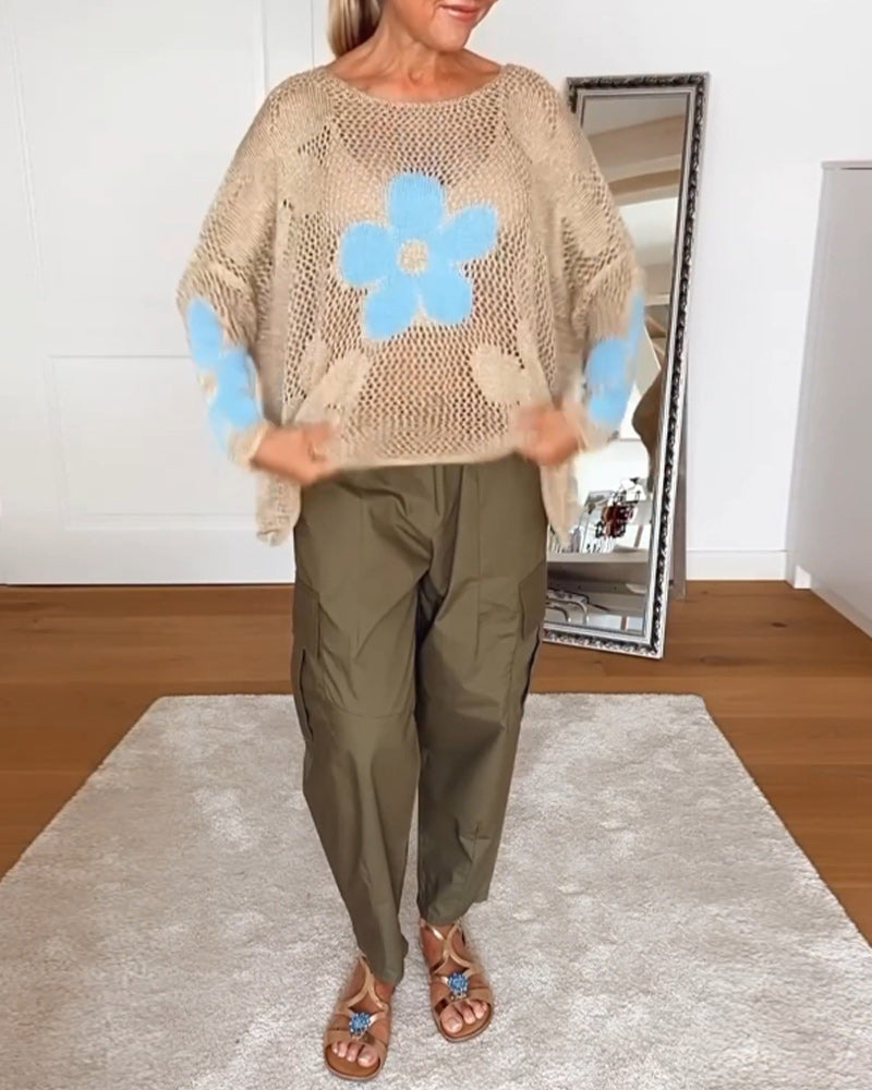 Lässiger floral runder Hals langärmeliger Pullover mit Ausschnitten