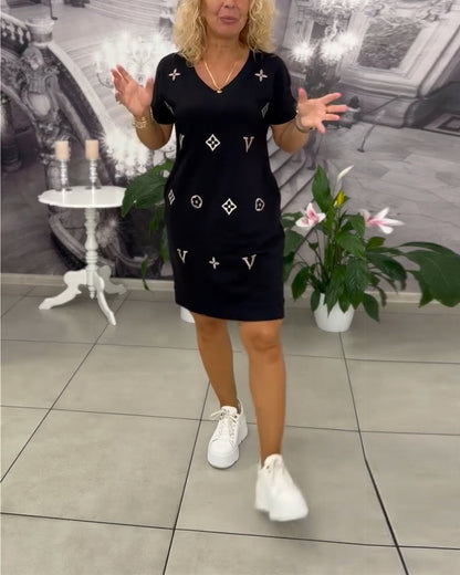 Mode V-Ausschnitt Kurzarmkleid