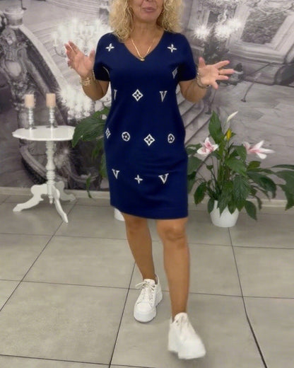 Mode V-Ausschnitt Kurzarmkleid