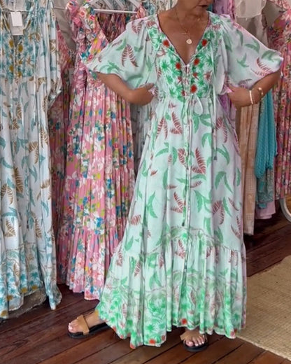 Damen Maxikleid mit V-Ausschnitt und Blattdruck