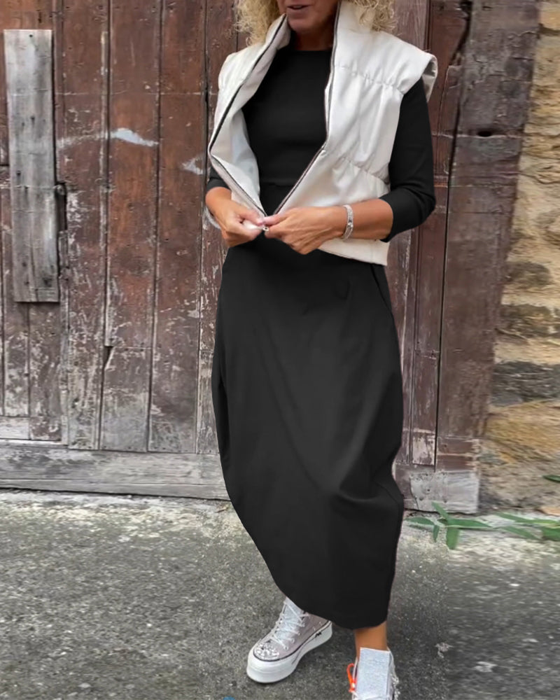 Einfaches, einfarbiges, elegantes Kleid mit langen Ärmeln und Taschen