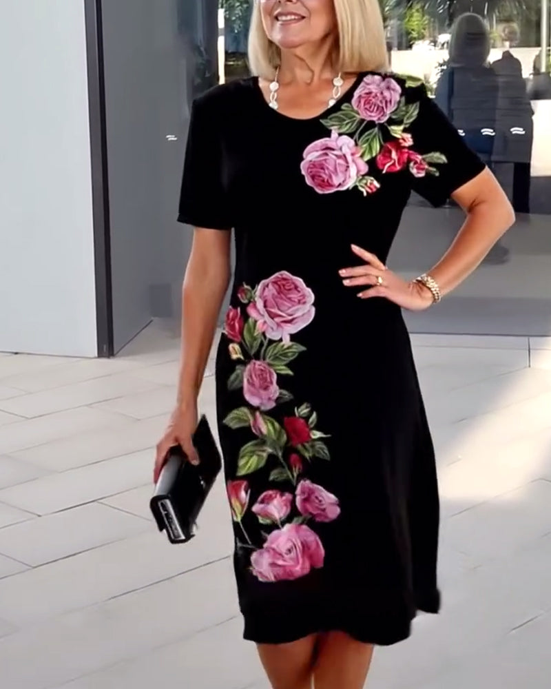 Kurzärmliges Shiftkleid mit Rosenmuster