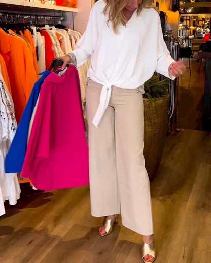 Einfarbige V-Ausschnitt Bluse