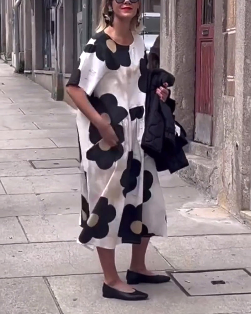 Blumenmuster Crew-Neck Taschen lockeres Kleid