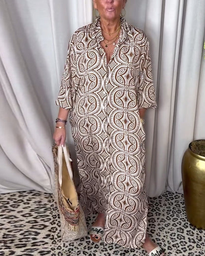 Vintage bedrucktes Revers-Taschen-Maxi-Kleid