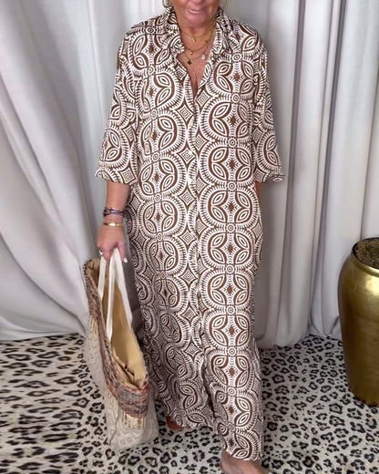 Vintage bedrucktes Revers-Taschen-Maxi-Kleid