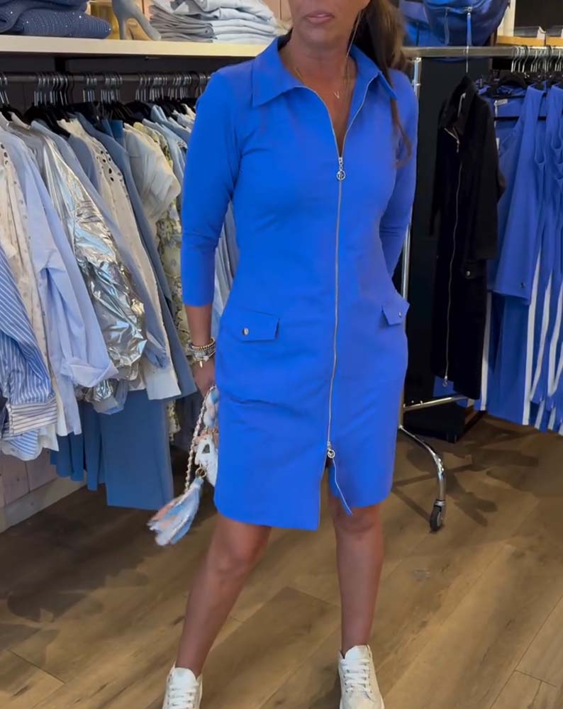 Revers Einfarbiger Reißverschluss Langarmkleid