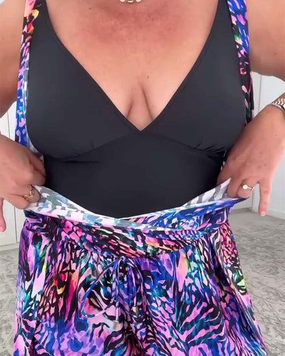 V-Ausschnitt Bunter Print Einteiler Badeanzug