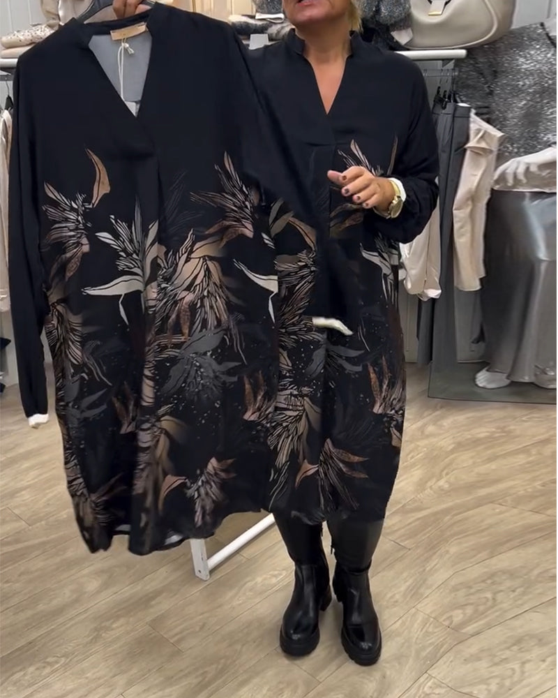 V-Ausschnitt Kleid mit Blattdruck und langen Ärmeln