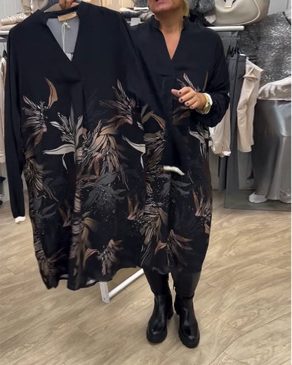 V-Ausschnitt Kleid mit Blattdruck und langen Ärmeln