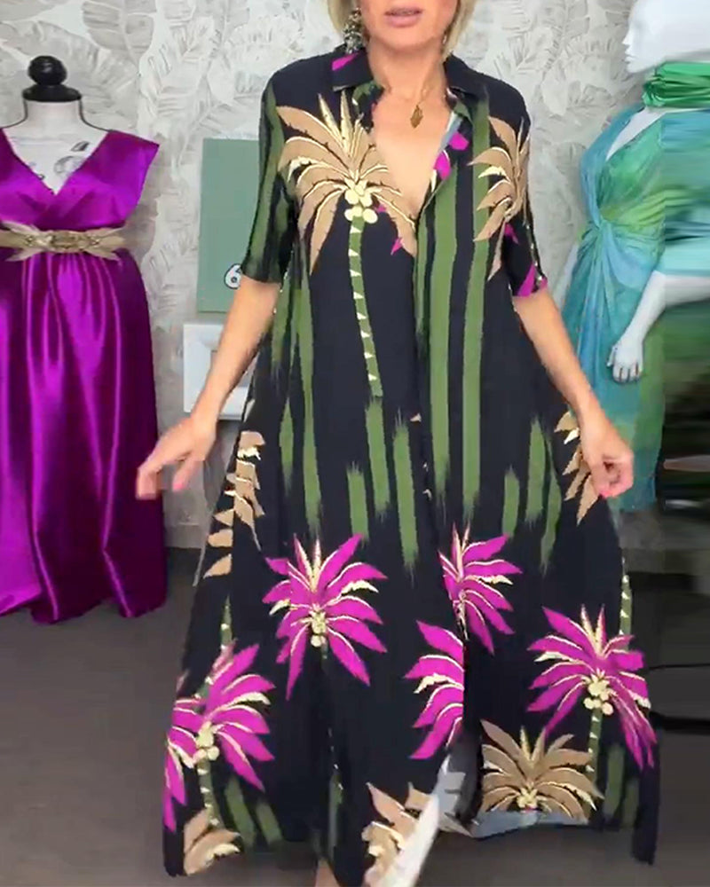 Lässiges Kleid mit Blattdruck, Schlitz, kurzärmlig und locker