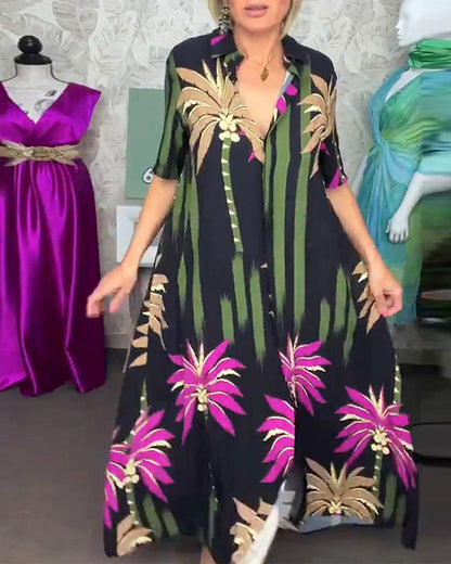 Lässiges Kleid mit Blattdruck, Schlitz, kurzärmlig und locker